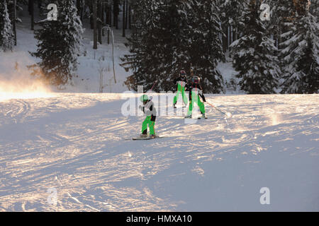 Trois enfants en salopette verte sur les pentes de ski. Vue sur piste de ski couverte de neige dans les montagnes. Sur le côté sont installés des filets de sécurité. Banque D'Images