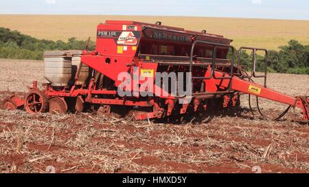 CAMPO MOURÃO, Communication - 05.02.2017 : PLANTIO DE MILHO SAFRINHA - Animated avec des prix sac de maïs et de parier sur une excellente production, Campo Mourao agriculteurs dans la région de Midwest de Paraná, qui sont encore à la récolte précoce du soja, ont commencé les semis de maïs d'hiver. La production prévue est d'environ 250 sacs par boisseau. Sur la photo, l'usine de semences de maïs d'hiver des agriculteurs en milieu rural dans les environs de São Paulo. (Photo : Dirceu Portugal/Fotoarena) Banque D'Images