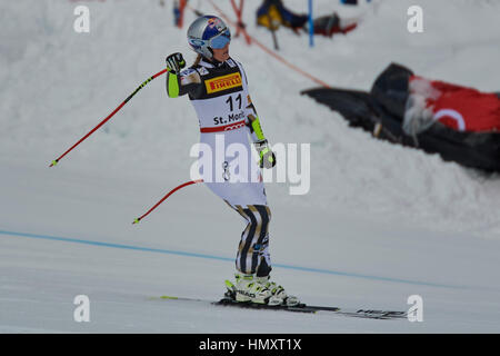 Saint-Moritz, Suisse, le 7 février 2017. Lindsey Vonn est déçu après son abandon dans le Super G Dames au Championnats du Monde FIS de Ski alpin 2017 à St-Moritz. Crédit : Rolf Simeon/Alamy Live News Banque D'Images