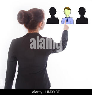 Young businesswoman sélection d'amis en ligne virtuel isolé sur fond blanc Banque D'Images