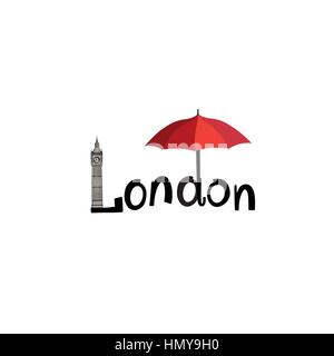 Londres. lettrage main jack flag britannique et parapluie de couleur tour de Big Ben Illustration de Vecteur