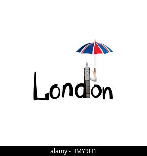 Londres. lettrage main jack flag britannique et parapluie de couleur tour de Big Ben Illustration de Vecteur