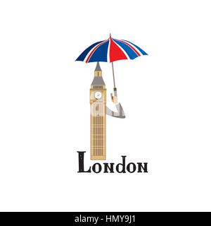 Londres. lettrage main jack flag britannique et parapluie de couleur tour de Big Ben Illustration de Vecteur