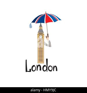 Londres. lettrage main jack flag britannique et parapluie de couleur tour de Big Ben Illustration de Vecteur