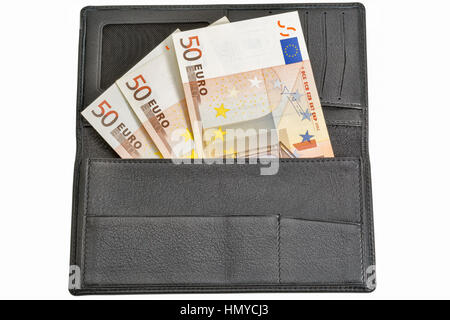 Cinquante Euros en Etui en cuir noir homme isolé sur fond blanc Banque D'Images