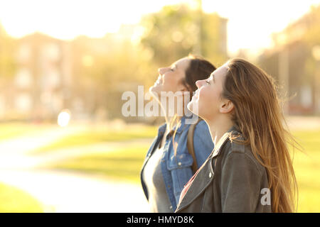 Vue de côté portrait de deux professionnels pour respirer l'air frais ensemble dans un parc au coucher du soleil avec une lumière arrière à l'arrière-plan Banque D'Images