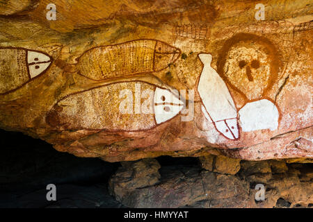 Les couleurs ocre riche d'une galerie de peinture rupestre aborigène avec le grand poisson Chase. Banque D'Images