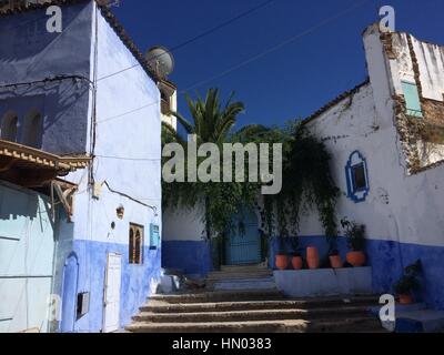 Maisons et immeubles à Chefchaouen, la ville bleue du Maroc, près de Tanger. Banque D'Images