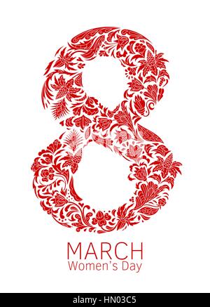 Vector hand drawn décoratif avec texte pour carte de voeux mars 8 design. Motif floral Doodle pour la journée internationale de la femme. Art Zentangle fleurs. Livre de coloriage pour les adultes Illustration de Vecteur