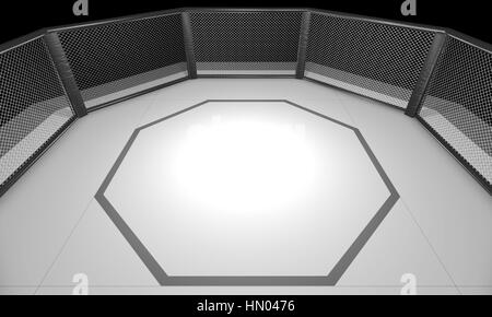 Rendu 3D Illustration d'une MMA (Mixed Martial Arts), la lutte contre l'aréna de la cage. Ring a la forme d'un octogone avec blanc mat et d'une clôture entourant ed Banque D'Images