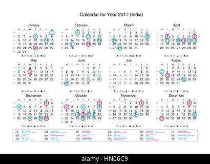 Année de calendrier 2017 avec jours fériés et jours fériés pour l'Inde Banque D'Images