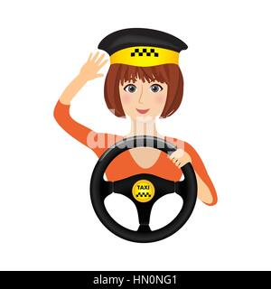 Chauffeur de taxi girl holding roue. concept background bannière pour commander un taxi. cartoon illustration du voyage dans un taxi. Illustration de Vecteur