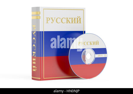 Livre russe avec le drapeau de la Russie et disque CD, rendu 3D isolé sur fond blanc Banque D'Images