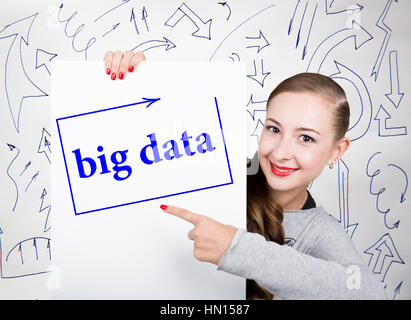 Jeune femme tenant avec tableau blanc mot écrit : big data. La technologie, internet, business et marketing. Banque D'Images