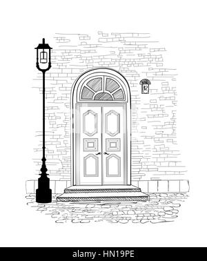 Portes anciennes en style vintage sur fond blanc. house entrée dessin illustration. doodle ruelle rue confortable écran conception Illustration de Vecteur