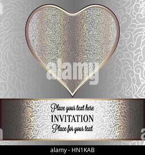 Fond romantique de luxe avec holograhpic et gold frame vintage victorian, bannière, coeur en plumes fond d'ornements, carte d'invitation, bar Illustration de Vecteur