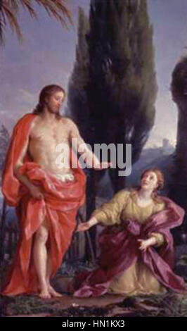 « Noli me Tangere » d'Anton Raphael Mengs représente la scène biblique dans laquelle Jésus dit à Marie-Madeleine de ne pas le toucher après sa résurrection. La peinture capture l'intensité émotionnelle du moment, en se concentrant sur les expressions des personnages et la signification spirituelle de la rencontre. Le style néoclassique de Mengs met l'accent sur la clarté, la simplicité et la profondeur émotionnelle, ce qui en fait une peinture religieuse puissante. Banque D'Images