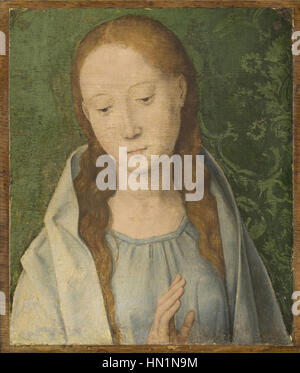 Maria, faisant partie d'une œuvre perdue intitulée « L'Annonciation », une peinture à l'huile sur bois datant d'environ 1489 par Hans Memling, un peintre flamand, mesurant 29,2 x 24,8 cm, représentant la Vierge. Banque D'Images