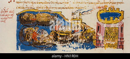 Cette page du manuscrit Madrid Skylitzes représente une scène de l'histoire byzantine. L'illustration montre un événement historique, probablement lié à des personnages militaires ou royaux, typique des manuscrits enluminés de l'Empire byzantin. Banque D'Images