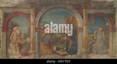 Maveolo Da Cazano La Nativité avec saint Jérôme et saint François d'assise recevant le S Banque D'Images