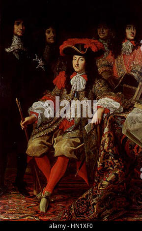 Le portrait de Louis XIV de Charles le Brun, peint en 1666, souligne la grandeur et l’autorité du roi de France. Le portrait détaillé capture la tenue royale et la posture dominante de Louis XIV, mettant en évidence sa puissance et son influence au plus fort de la monarchie française. Banque D'Images