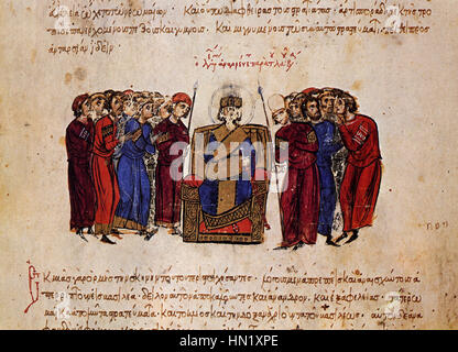 Ce détail du manuscrit *Madrid Skylitzes* montre une illustration médiévale de l'Empire byzantin. L'œuvre présente des représentations détaillées et vivantes d'événements et de personnages historiques, une caractéristique de la tradition byzantine. Banque D'Images