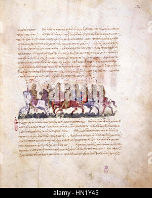 Ce manuscrit enluminé des Skylitzes de Madrid est une représentation détaillée de l'art byzantin médiéval, capturant un événement historique clé avec un art complexe. Banque D'Images