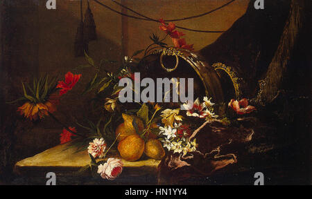 Monnoyer Jean-Baptiste 02 est une peinture florale de nature morte de Jean-Baptiste Monnoyer, connue pour ses compositions florales détaillées et vibrantes. La pièce présente un éventail de fleurs soigneusement disposées, avec des détails complexes et des couleurs vibrantes typiques de la période baroque. Banque D'Images