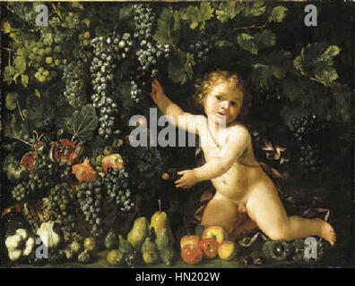 Maître de l'Acquavella Still Life - raisins sur la vigne, grenades, raisins, et l'églantier dans un panier avec d'autres fruits d'un putto Banque D'Images