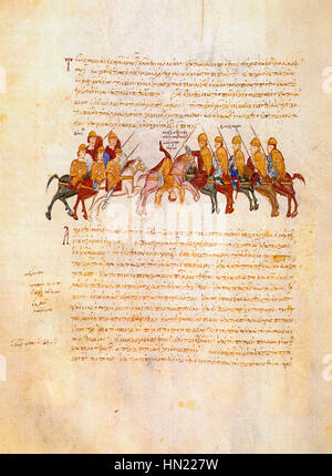 Le 'Madrid Skylitzes', un manuscrit enluminé du XIIe siècle, comprend Folio 184v, qui représente des événements historiques et des personnages de l'histoire byzantine. Le manuscrit sert de source riche de l'histoire médiévale et de l'ensemble Banque D'Images