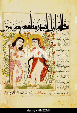 Une miniature d'Adam et Ève du manuscrit "Manafi al-Hayawan" d'Ibn Bakhtishu, créé à Maragha entre 1294 et 1299, conservé à la Morgan Library sous la référence MS M.500, folio 4v. Banque D'Images