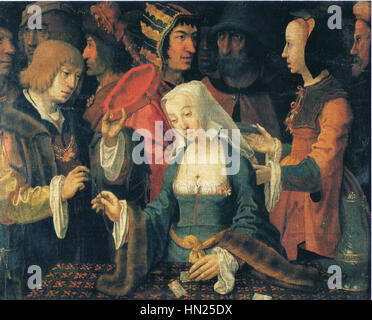 La gravure du XVIe siècle de Lucas van Leyden intitulée Kartenlegerin (The Fortune Teller) est un exemple notable de la Renaissance du Nord La gravure détaillée représente un diseur de bonne fortune lisant des cartes, capturant à la fois le mystère et l'interaction humaine avec le destin. C'est un travail important dans le développement de la gravure. Banque D'Images
