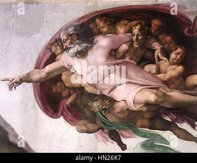La Création d'Adam, une fresque de Michelangelo Buonarroti, créée en 1510 pour la Chapelle Sixtine, présentant la scène du Livre de la Genèse où Dieu crée Adam. Banque D'Images