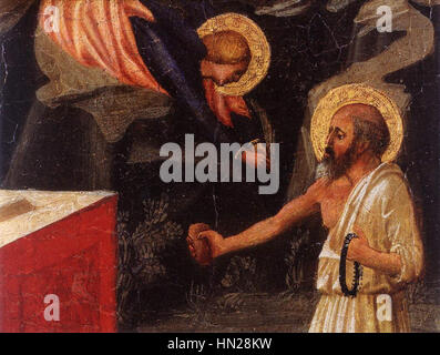 Le « Christ dans le jardin de Gethsémani » de Masaccio illustre le moment charnière avant l’arrestation du Christ, en mettant l’accent sur l’intensité émotionnelle. La peinture capture la solitude et l’angoisse du Christ, face à un paysage sombre et atmosphérique. Banque D'Images