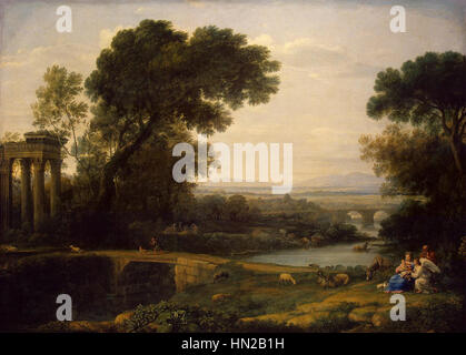 « Paysage avec le reste sur la fuite en Egypte » de Claude Lorrain combine récit biblique avec un paysage serein. Le tableau représente la Sainte famille se reposant pendant leur voyage, dans un cadre naturel tranquille et idéalisé. Banque D'Images