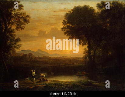 Paysage avec Tobie et l'Ange de Claude Lorrain de 1663 représente une scène biblique dans un paysage serein, mettant l'accent sur la lumière et la beauté de la nature. Banque D'Images