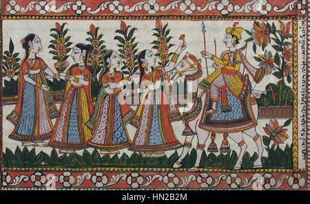 Cette image montre un homme sur un chameau approchant un groupe de quatre femmes, probablement dans un contexte moyen-oriental ou nord-africain. La scène suggère une interaction entre les cultures ou les voyageurs. Banque D'Images