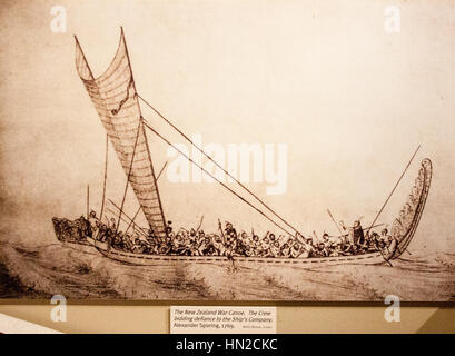 Ce dessin d'Alexander Sporing représente un canoë de guerre maori traditionnel, mettant en valeur les subtilités de l'artisanat indigène maori et l'importance des canoës dans leur culture guerrière. Banque D'Images