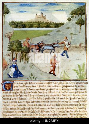 Manuscrit anthologie de l 'Hystoires de Troyes" composé par Raoul Le Feure de Philippe de Bourgogne. Scène de vie dans la campagne France 15e siècle Banque D'Images