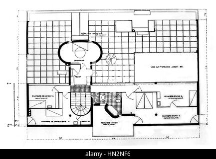 Plan d'une villa à Garches. Toit du jardin, deux invités à coucher, une chambre à coucher du serviteur, débarras, terrasse et jardin Le Corbusier 20e siècle Collection privée Banque D'Images