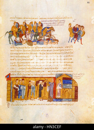 Le folio 185r du manuscrit Madrid Skylitzes contient une représentation vivante de l'histoire byzantine. Le manuscrit offre des illustrations détaillées et des récits d'événements historiques importants, mettant en valeur le style artistique et historique de l'Empire byzantin. Banque D'Images