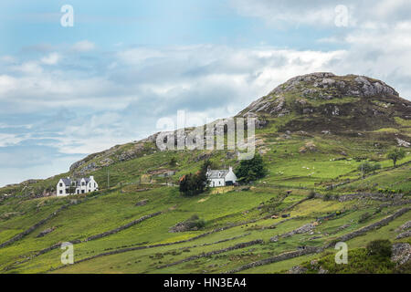 Côte nord-ouest, en Écosse - 6 juin 2012 : Green rocky hill descend dans Loch Inchard. Couple de maisons blanches sur les parois en pente verte et des pâturages avec Banque D'Images