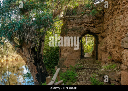 Porte dans le rempart médiéval de pierre qui entoure le village de "Niebla ", dans la province de Huelva, Espagne. Son accès donne à la rivière Tinto Banque D'Images