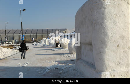 Gangneung, Corée du Sud. Le 08 février, 2017. Vue d'une sculpture de glace à l'Olympia Park, où les jeux olympiques d'hiver de 2018 aura lieu, à Gangneung, Corée du Sud, 08 février 2017. Le patinage de vitesse les déterminations sont effectuées à la science de Gangneung ovale. Le cluster de Gangneung, côtières, où toutes les compétitions de sport de glace aura lieu, est situé à environ 23 km à l'est de Séoul. Photo : Dirk Godder/dpa/Alamy Live News Banque D'Images