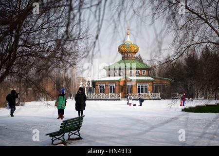 Harbin, Chine, province de Heilongjiang. Feb 8, 2017. Les touristes visitent la neige Volga Manor, un parc à thème de la culture russe, dans la région de Harbin, capitale de la province du nord-est de la Chine, le 8 février 2017. Credit : Wang Kai/Xinhua/Alamy Live News Banque D'Images