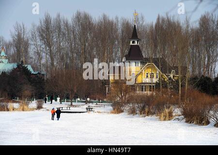 Harbin, Chine, province de Heilongjiang. Feb 8, 2017. Les touristes visitent la neige Volga Manor, un parc à thème de la culture russe, dans la région de Harbin, capitale de la province du nord-est de la Chine, le 8 février 2017. Credit : Wang Kai/Xinhua/Alamy Live News Banque D'Images