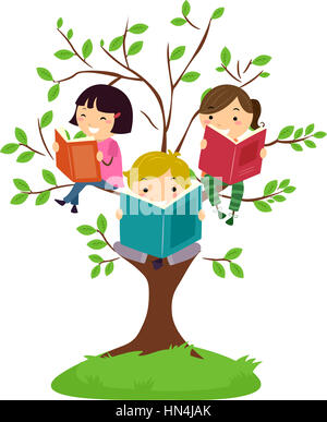 Stickman Illustration de livres de lecture pour enfants, assis sur les branches d'arbres Banque D'Images