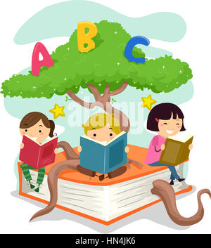 Stickman Illustration de livres de lecture pour enfants, assis sur une branche d'arbre Banque D'Images