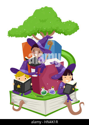 Stickman Illustration de livres pour enfants La magie de la lecture Banque D'Images