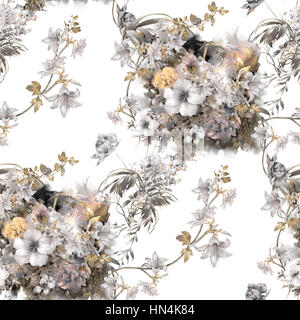 Illustration à l'aquarelle de feuilles et de fleurs, motif transparent sur fond blanc Banque D'Images